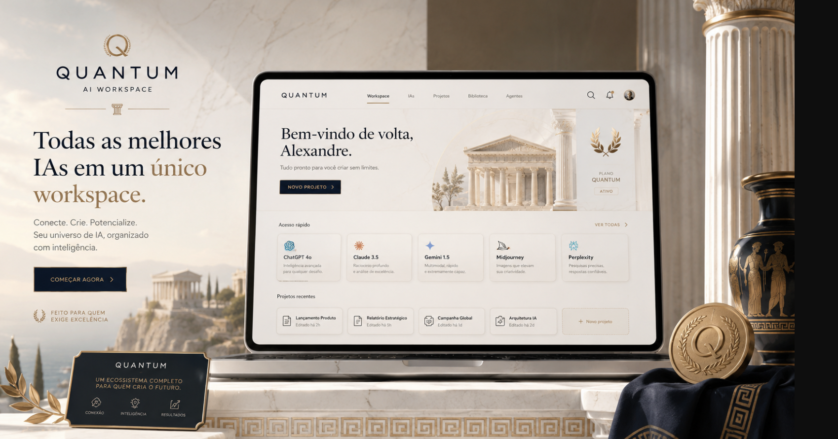 Notebook com o Quantum Workspace em cenário grego premium.